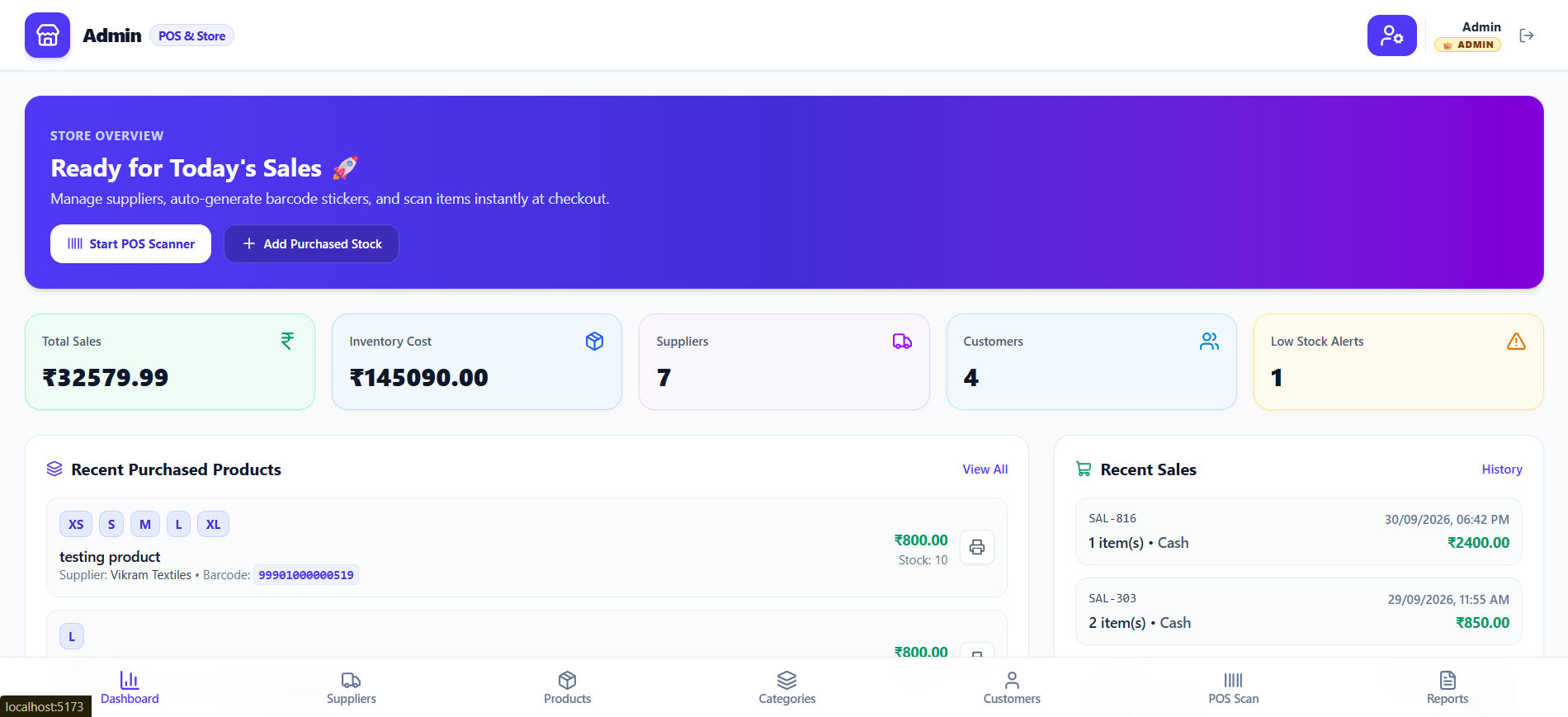 Invento System live store dashboard with sales, inventory, and recent purchases